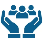 Hands holding three people icons.