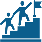Two figures climbing stairs to flag.