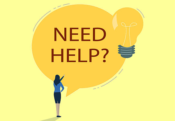Woman pointing at "Need Help?" speech bubble