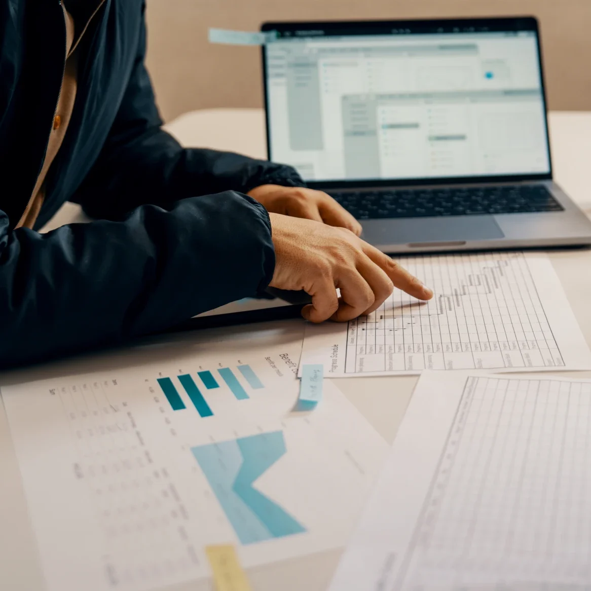 Person analyzing financial charts and laptop screen.